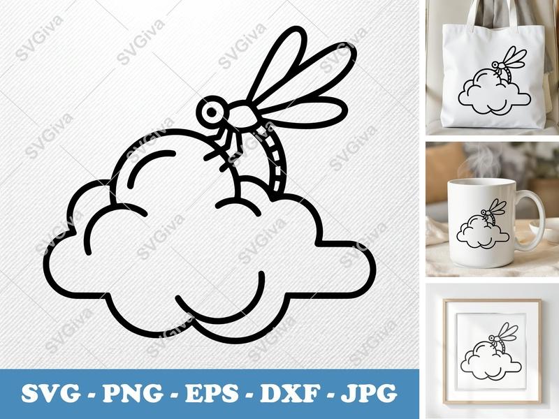 Dragonfly Sitting on Cloud SVG | Minimalist Bold Contour Cut File | PNG DXF EPS | Cricut Silhouette Design