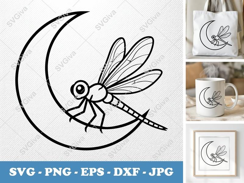 Dragonfly Sitting on Moon SVG | Minimalist Contour, Clean Fill | PNG DXF EPS | Cricut Silhouette File