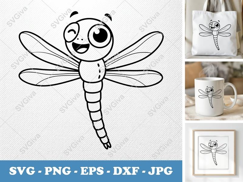 Dragonfly Smiling Happily SVG | Bold Cartoon Cut File | Simple Character Construction | PNG DXF EPS | Cricut Silhouette Design