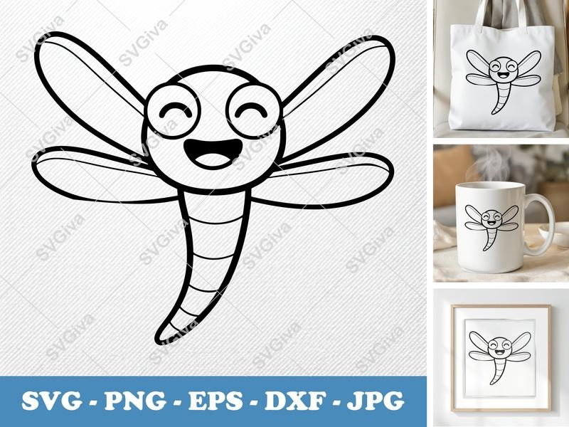 Dragonfly Smiling Happily SVG | Friendly Rounded Body Bean-Shaped Cut File | PNG DXF EPS for Cricut Silhouette