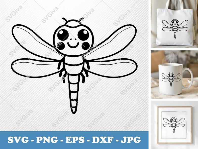 Dragonfly Smiling Happily SVG | Puffy Soft Shapes | Inflated Pillow Art | PNG DXF EPS | Cricut Silhouette File