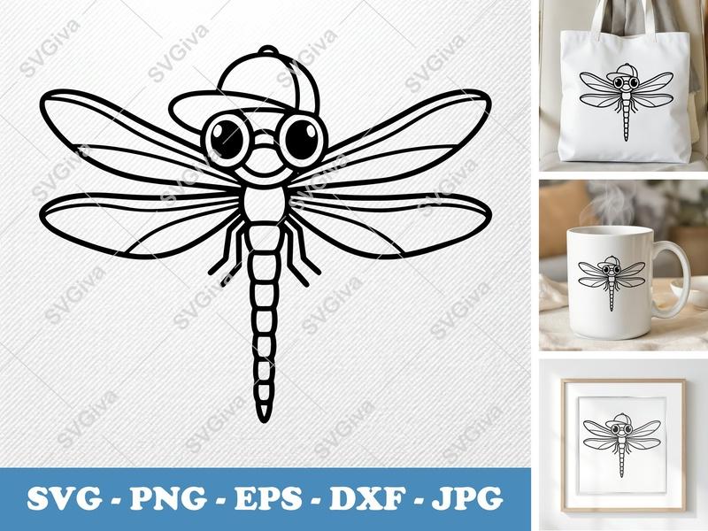Dragonfly SVG, Cartoon Bug with Hat & Glasses, Cute Insect PNG EPS DXF for Cricut & Silhouette, Kids Craft File
