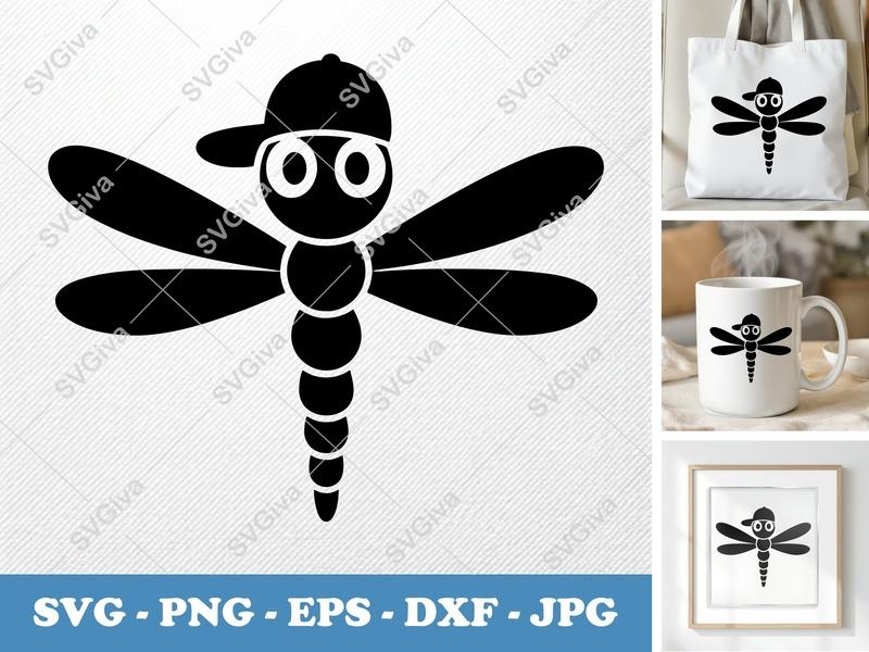 Dragonfly SVG | Cartoon Dragonfly with Hat | Modern Insect Cut File for Cricut, Silhouette | PNG EPS DXF Vector Art