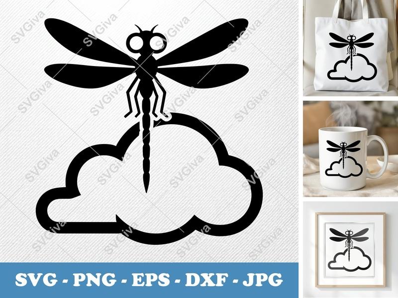 Dragonfly SVG Cloud Design | Modern Insect Cut File | PNG EPS DXF for Cricut & Silhouette