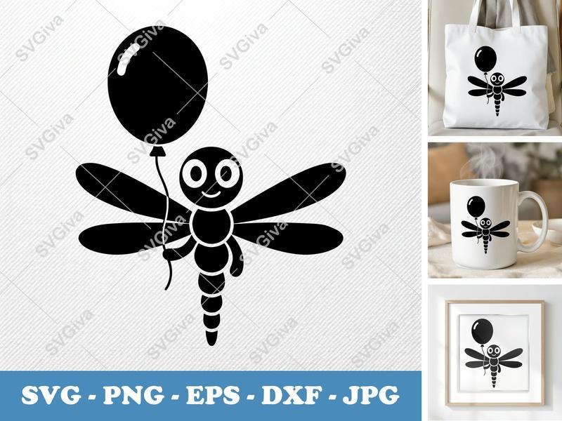 Dragonfly SVG, Cute Balloon Dragonfly, Cartoon Insect Clipart, PNG EPS DXF for Cricut & Silhouette, Kids Craft File