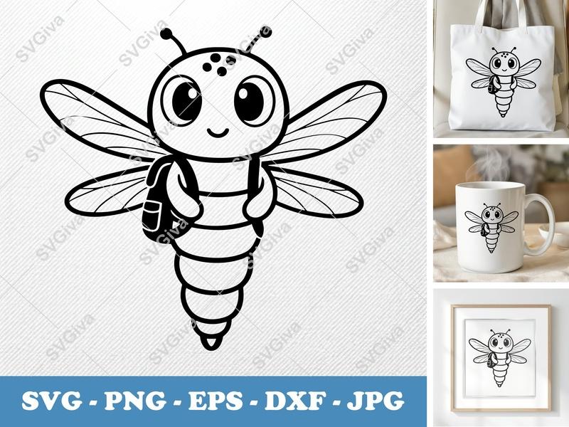 Dragonfly SVG, Cute Cartoon Back-to-School Insect, Digital Cut File for Cricut & Silhouette, PNG, EPS, DXF, Kids Craft
