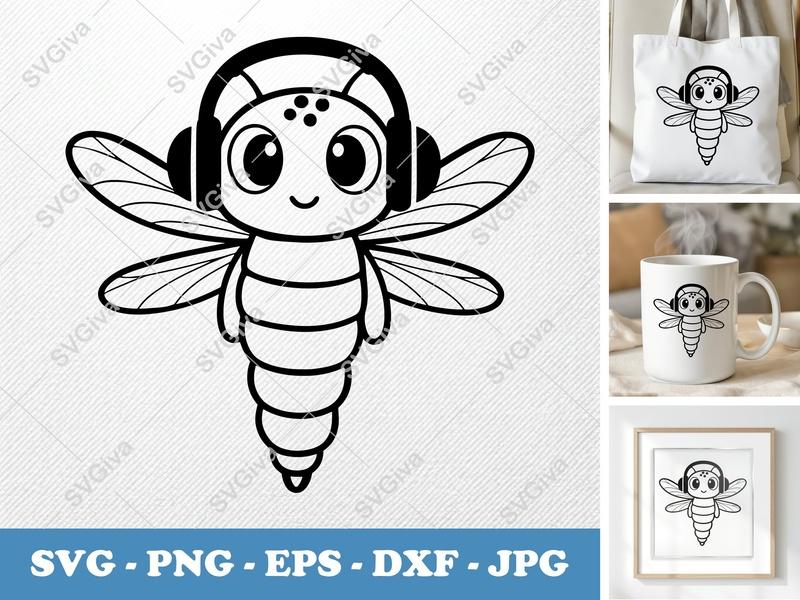 Dragonfly SVG, Cute Cartoon Dragonfly with Headphones, Kawaii Insect PNG EPS DXF, Cricut Silhouette Cut File