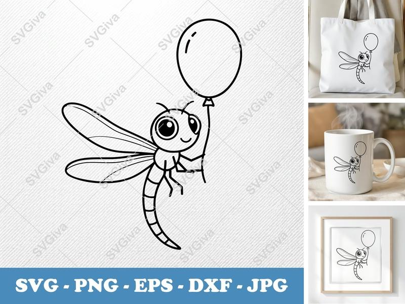 Dragonfly SVG | Cute Cartoon with Balloon | Modern Outline Art PNG EPS DXF | Cricut Silhouette Cut File