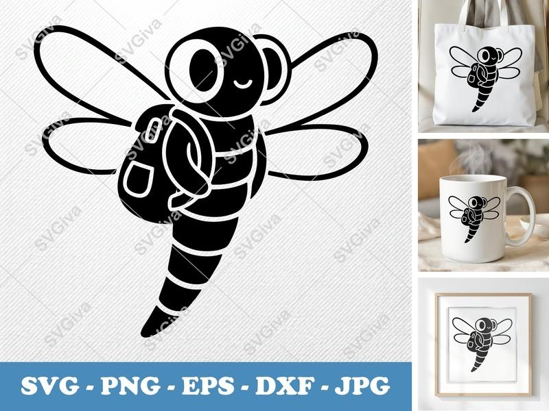 Dragonfly SVG, Cute Dragonfly with Backpack Cut File, Cartoon Insect PNG, EPS, DXF for Cricut & Silhouette, Kids Craft Art