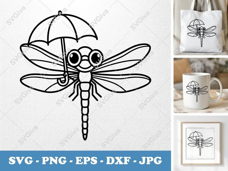 Dragonfly SVG, Cute Dragonfly with Umbrella PNG EPS DXF | Cartoon Insect Cut File for Cricut, Silhouette, Kids Crafts