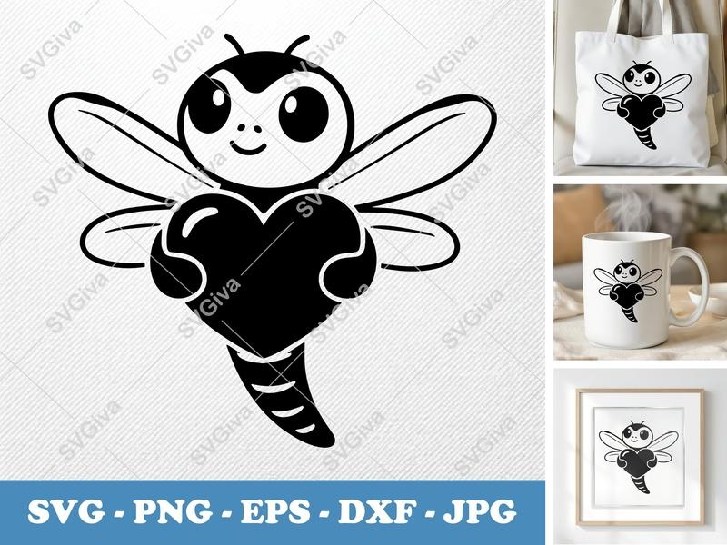 Dragonfly SVG, Cute Kawaii Heart, Modern Insect Design | PNG EPS DXF for Cricut, Silhouette, Digital Download