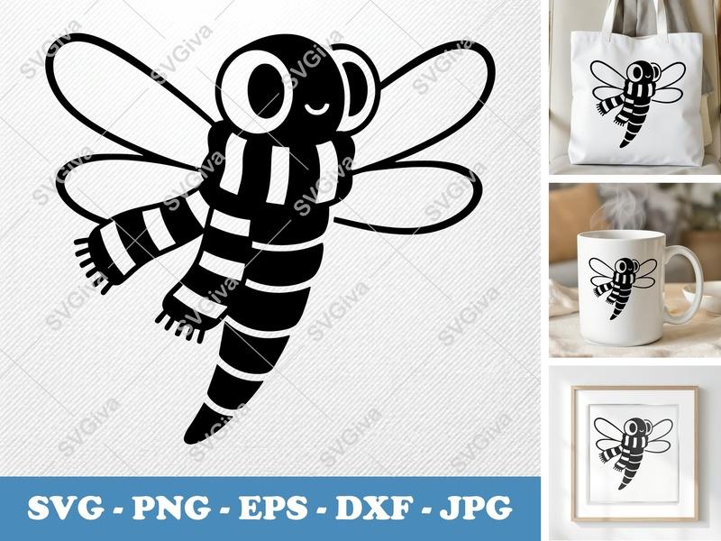 Dragonfly SVG, Cute Scarf Insect Clipart, Modern Fly Graphic | PNG EPS DXF for Cricut, Silhouette Cut File