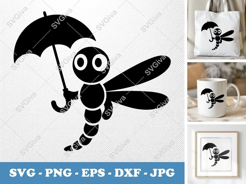 Dragonfly SVG, Cute Umbrella Insect Cut File, PNG EPS DXF for Cricut & Silhouette, Modern Cartoon Bug Clipart Art