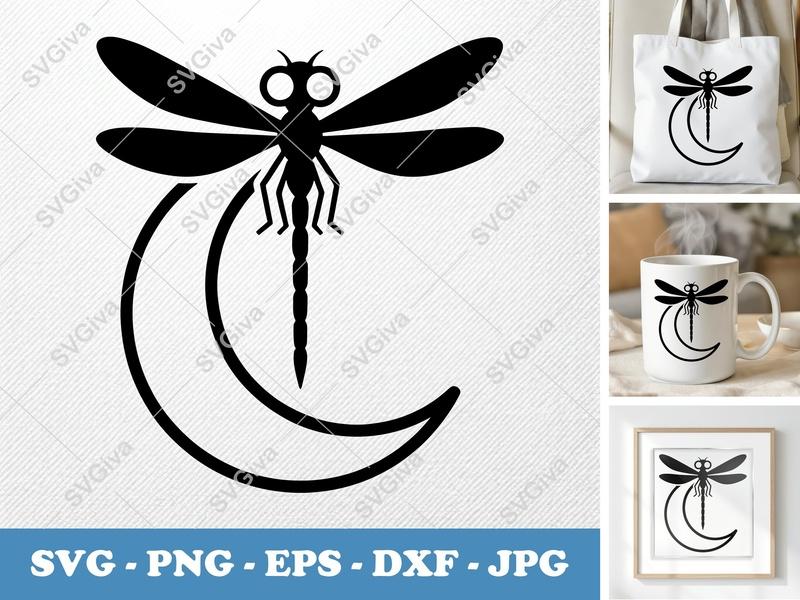 Dragonfly SVG, Modern Dragonfly on Moon Phase, Insect Cut File, PNG, EPS, DXF for Cricut & Silhouette, Nature Art