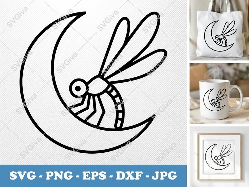 Dragonfly SVG, Moon Insect Cut File, Line Art Modern Design, PNG EPS DXF | Cricut & Silhouette Compatible