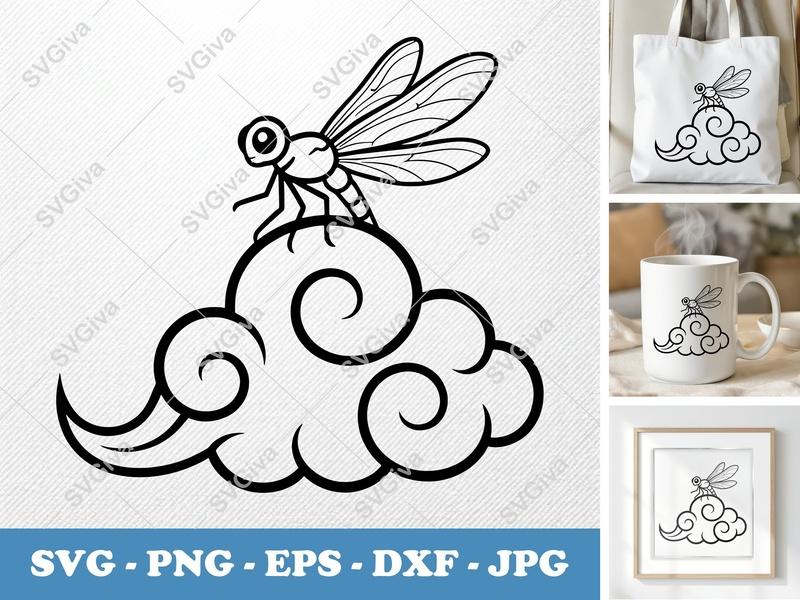 Dragonfly SVG perched on Cloud | Modern Insect Cut File | PNG EPS DXF for Cricut & Silhouette | Outline Design