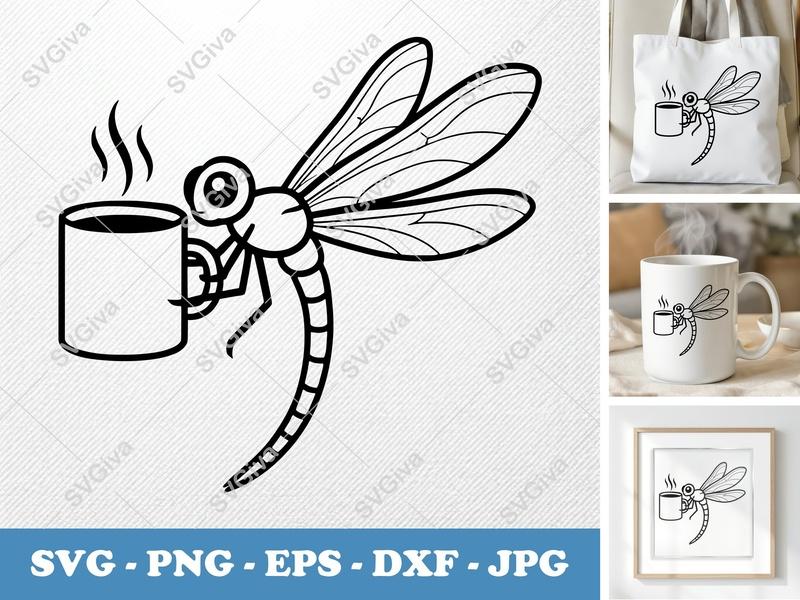 Dragonfly SVG with Coffee Cup | Cute Insect Design | PNG EPS DXF for Cricut & Silhouette