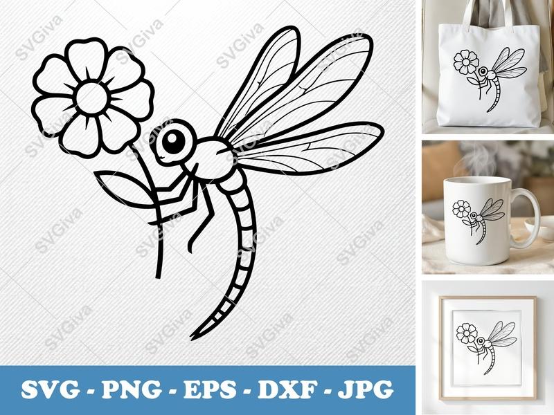 Dragonfly SVG with Flower, Cute Insect PNG EPS DXF, Cricut Silhouette Cut File, Kids Craft, Summer Decor