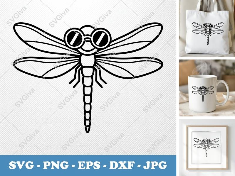 Dragonfly SVG with Sunglasses | Cool Insect PNG, EPS, DXF | Modern Cut File for Cricut, Silhouette