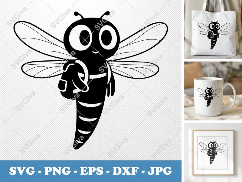 Dragonfly Wearing Backpack SVG | Puffy Cartoon Design | PNG DXF EPS | Cricut Silhouette File