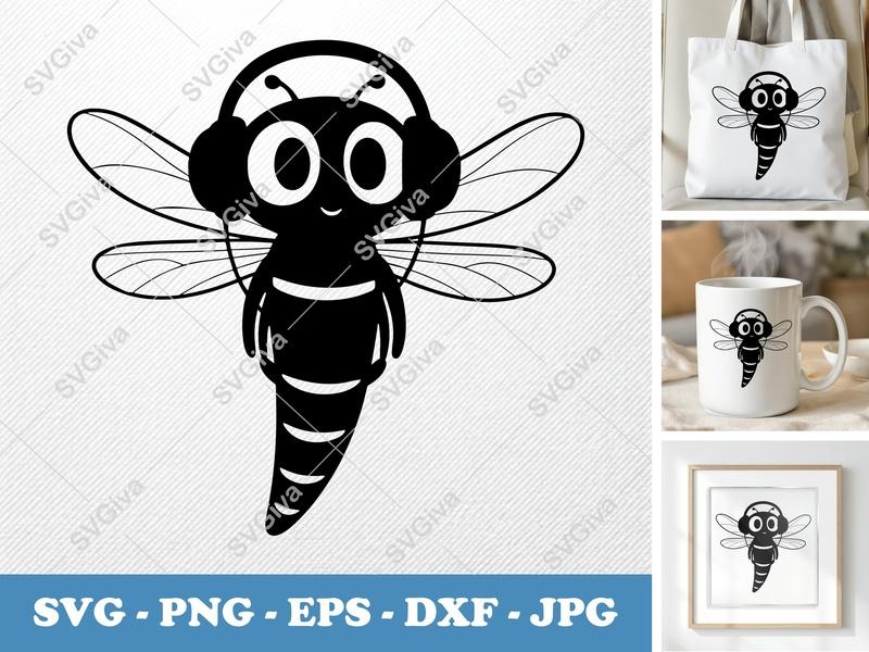 Dragonfly Wearing Headphones SVG | Puffy Cartoon Pillow-Soft Design | PNG DXF EPS | Cricut Silhouette File