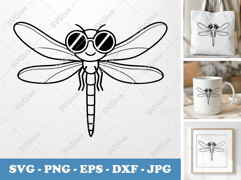 Dragonfly Wearing Sunglasses SVG | Friendly Bean-Shaped Cut File | PNG DXF EPS for Cricut Silhouette