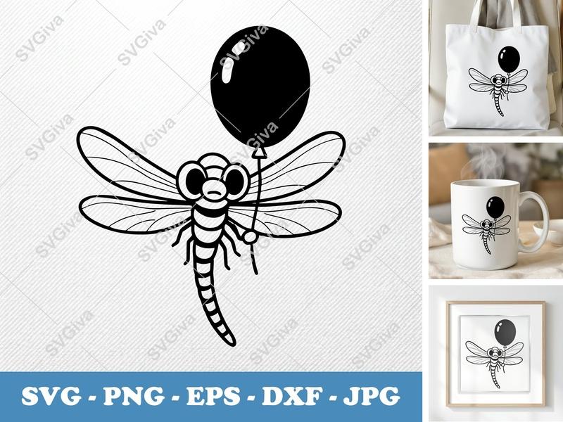 Dragonfly with Balloon SVG PNG DXF EPS | Cricut Silhouette Cut File Vector