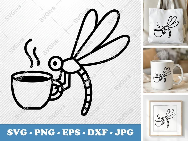 Dragonfly with Coffee Cup SVG | Minimalist Character Design | Bold Outline Cut File | PNG DXF EPS | Cricut Silhouette Ready