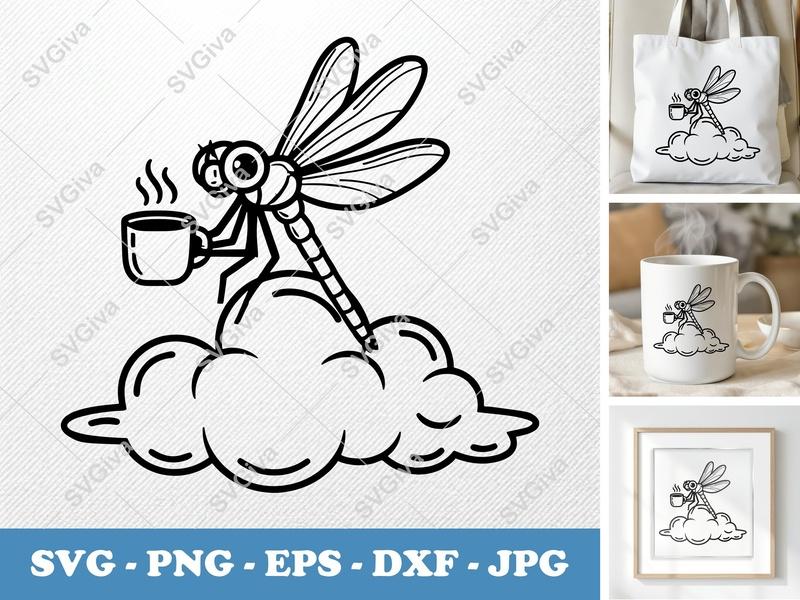 Dragonfly with Coffee Cup SVG | Outline Art, Basic Shapes | PNG DXF EPS | Cricut Silhouette Cut File
