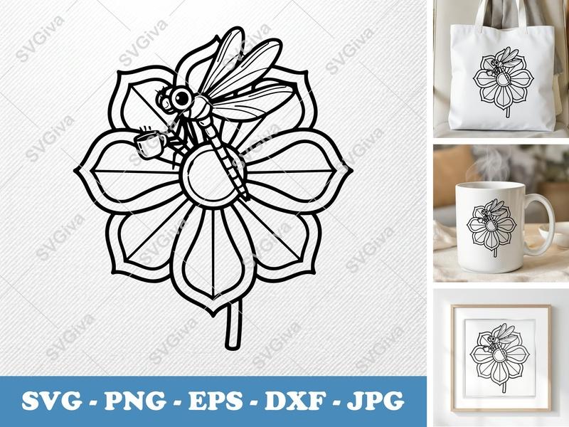 Dragonfly with Flower SVG | Double-Outline Minimalist Art | PNG DXF EPS | Cricut Silhouette File