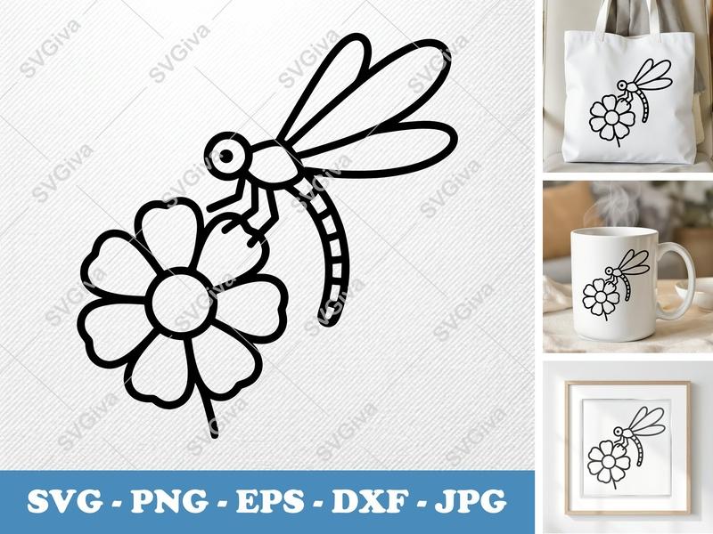 Dragonfly with Flower SVG | Minimalist Contour Cut File | PNG DXF EPS | Cricut Silhouette | Nature Insect Design