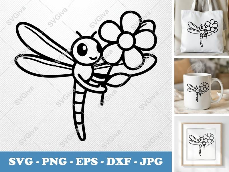 Dragonfly with Flower SVG PNG DXF EPS | Nature Cut File Cricut Silhouette Vector