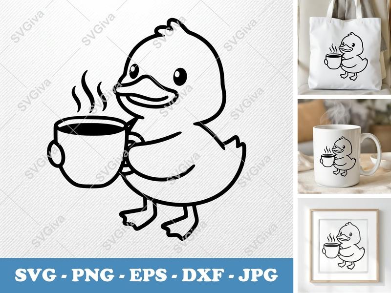 Duck Coffee SVG | Cute Duck with Coffee Cup PNG, EPS, DXF | Cricut & Silhouette Cut File | Modern Animal Design