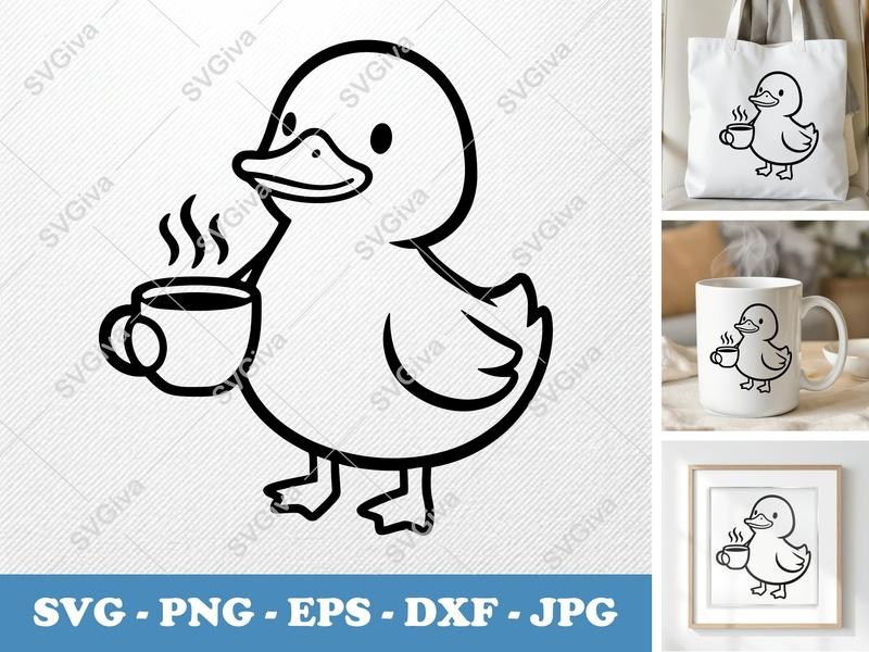 Duck Coffee SVG | Cute Duckling Drinking Coffee PNG EPS DXF | Cricut Silhouette Cut File