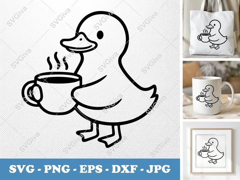 Duck Coffee SVG | Cute Modern Duck with Hot Drink | PNG EPS DXF for Cricut & Silhouette | Animal Clipart Cut File