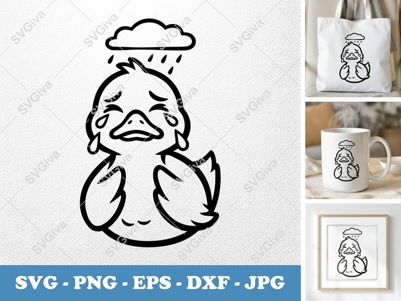 Duck Crying SVG | Sad Duckling with Rain Cloud PNG EPS DXF | Cricut & Silhouette Cut File | Modern Cartoon Animal Clipart