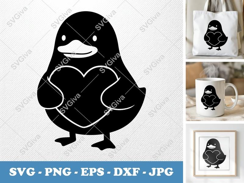 Duck Holding Heart SVG | Puffy Soft Shapes PNG DXF EPS | Cricut Silhouette Cut File