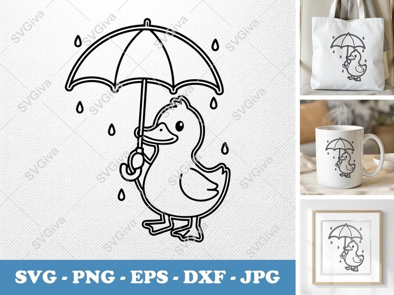 Duck holding Umbrella SVG | Double-Outline Simple Design | Thick Contour, Thin Lines | PNG DXF EPS | Cricut Silhouette File
