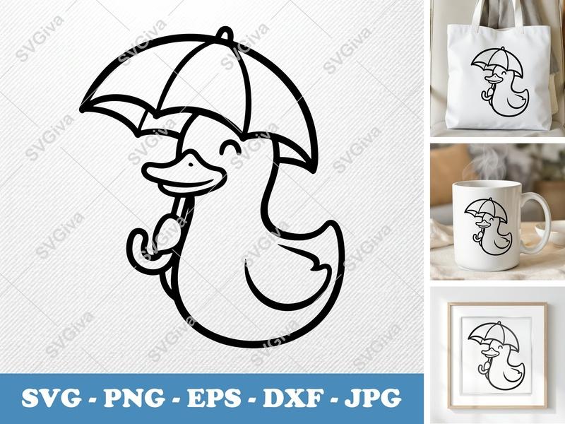 Duck Holding Umbrella SVG | Puffy Pillow Soft Design | PNG, DXF, EPS | Cricut Silhouette File