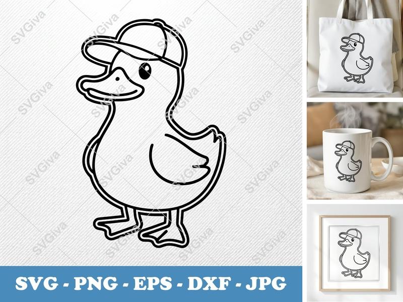 Duck in a Cap SVG | Double-Outline Minimalist Design | PNG DXF EPS for Cricut & Silhouette