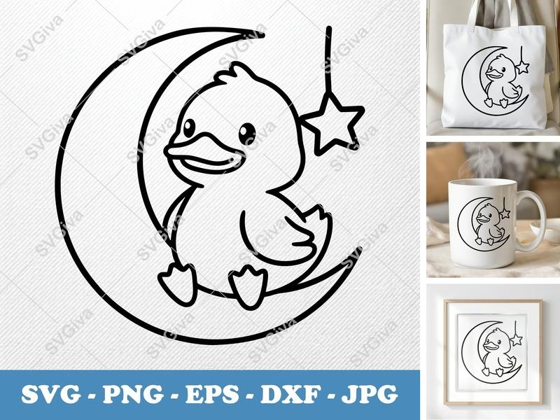 Duck on Moon SVG | Baby Duck Star Cut File | PNG EPS DXF | Cricut Silhouette Nursery Decal