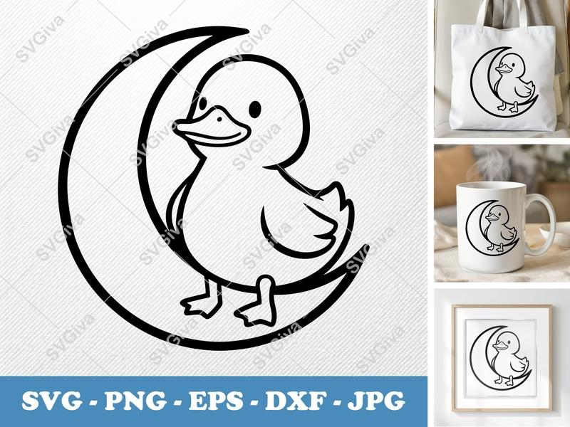 Duck on Moon SVG | Cute Baby Duck Outline PNG, EPS, DXF | Cricut & Silhouette File, Nursery Decor, Animal Clipart
