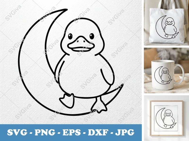 Duck on Moon SVG, Cute Baby Duck | PNG EPS DXF | Cricut Silhouette Cut File, Animal Clipart, Nursery Decor Vector
