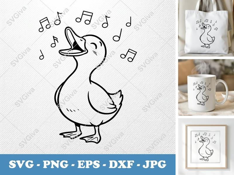 Duck Singing SVG | Musical Notes Cut File for Cricut, Silhouette | Cute Duckling PNG, EPS, DXF | Farm Animal Vector Art