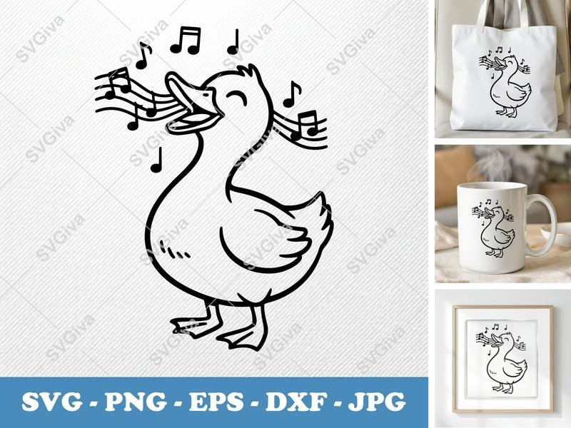 Duck Singing SVG | Musical Notes PNG EPS DXF | Cartoon Duckling Cut File for Cricut, Silhouette