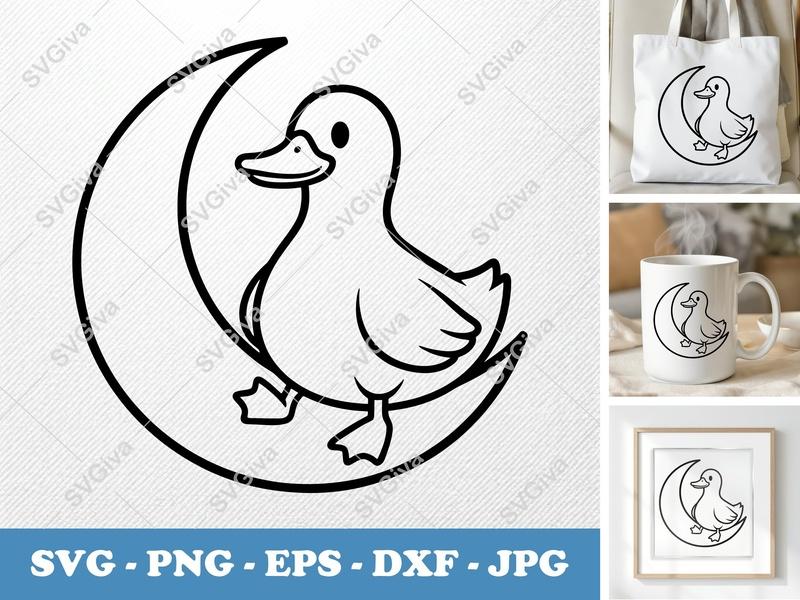 Duck Sitting on Moon SVG | Minimalist Cartoon Vector | PNG DXF EPS | Cricut Silhouette File
