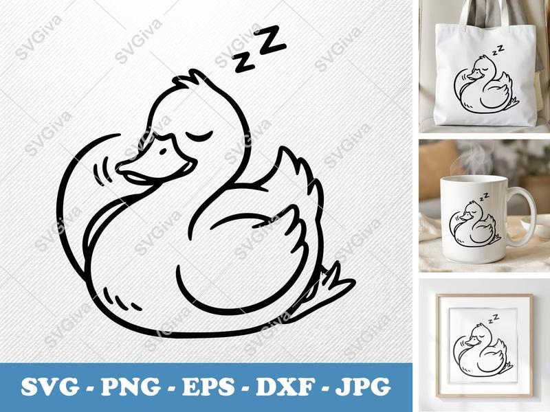 Duck Sleeping SVG | Double-Outline Minimalist Cut File | Thick Contour Thin Lines | PNG DXF EPS | Cricut Silhouette Ready