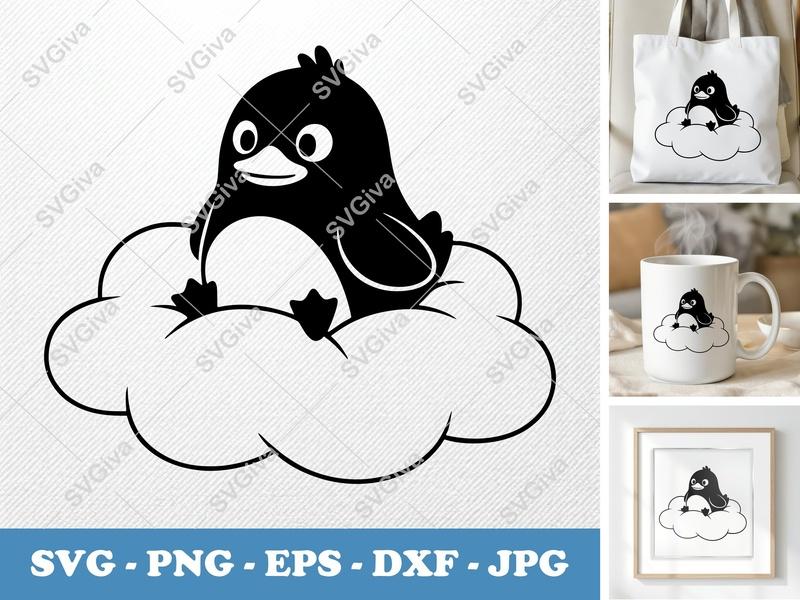 Duck SVG | Cartoon Penguin on Cloud Cut File | Modern Clean Design PNG EPS DXF for Cricut & Silhouette