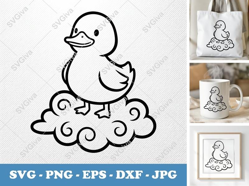 Duck SVG, Cute Baby Duck on Cloud PNG, EPS, DXF | Cricut & Silhouette Cut File, Nursery Art, Animal Clipart
