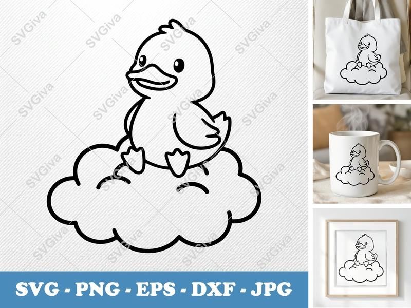 Duck SVG | Cute Baby Duck Outline on Cloud | Cricut & Silhouette Cut File | PNG EPS DXF Vector Clipart